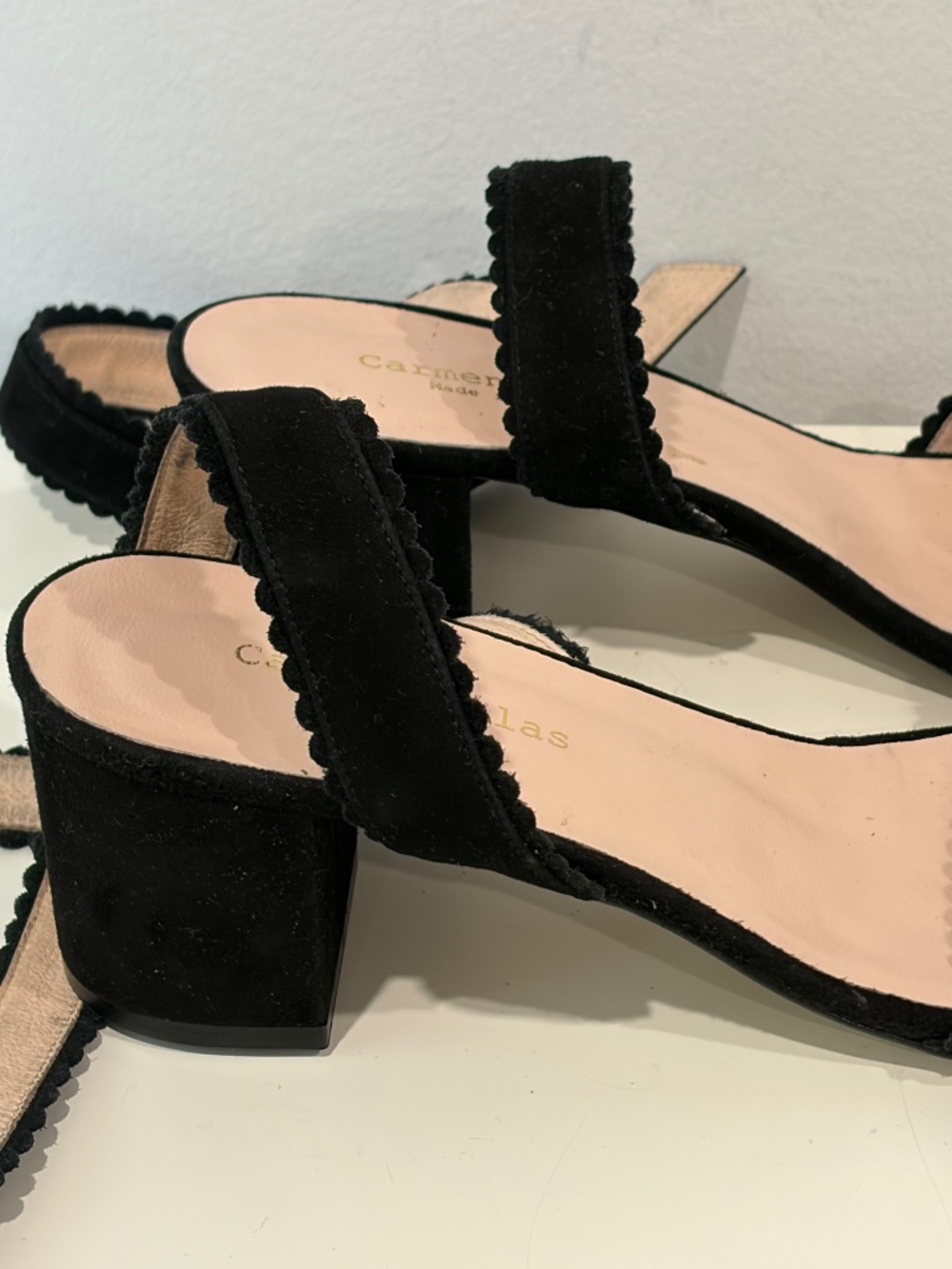 Carmen Salas Black Suede Ankle Wrap Sandal Scallop Detailing SPAIN EU 39 US 9 - Picture 7 of 10